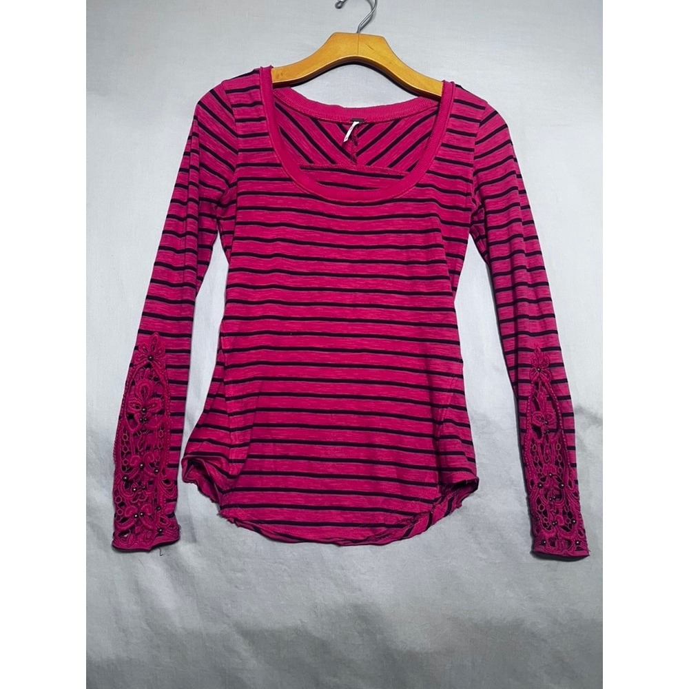 Free People Magenta Pink Black Striped Crochet Studded Sleeve Scoop Neck Top XS